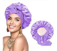 Bonnet en soie pour femme endormie - Bonnet en satin doux double couche réglable - Soin des cheveux (taille US, Alpha, taille unique, violet clair)