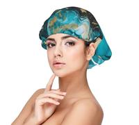Bonnet en soie satinée bleu turquoise et or marbré pour dormir, bonnet de sommeil doux double couche en soie pour femme, cheveux naturels bouclés, cheveux longs tressés