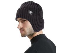 Bonnet en tricot chaud et thermique unisexe coupe-vent avec cache-oreilles pour cyclisme, course à pied, pêche, ski, sports, Noir , Taille unique