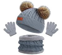 Bonnet Enfant Hiver Tricoté Tour de Cou Chaud Enfant Gants Hiver Ensemble Set de 3 Pièces Enfant Ensemble Chapeau Hiver Bonnet Écharpe Gant Tricot Doublure Épaisse pour Fille Garçon(3-5 ans) (Gris)