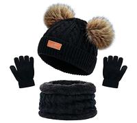 Bonnet Enfant Hiver Tricoté Tour de Cou Chaud Enfant Gants Hiver Ensemble Set de 3 Pièces Enfant Ensemble Chapeau Hiver Bonnet Écharpe Gant Tricot Doublure Épaisse pour Fille Garçon(3-5 ans) (Noir)