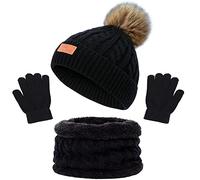 Bonnet Enfant Hiver Tricoté Tour de Cou Chaud Gants Ensemble Set de 3 Pièces Ensemble Chapeau Bonnet Écharpe Doublure Épaisse pour Fille Garçon(3-8 ans) (Noir)