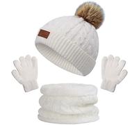 Bonnet Enfant Hiver Tricoté Tour de Cou Chaud Set de 3 Pièces Ensemble Chapeau Bonnet Écharpe Gant Doublure Épaisse pour Fille Garçon(3-8 ans) (Blanc)