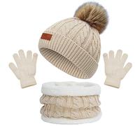 Bonnet Enfant Hiver Tricoté Tour de Cou Chaud Set de 3 Pièces Ensemble Chapeau Bonnet Écharpe Gant Tricot Doublure Épaisse pour Fille Garçon(3-8 ans) (Kaki)