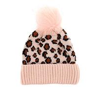 Bonnet Femme Léopard Vieux Rose - Bonnet Hiver Chaud et Epais en Maille avec Pompon Assorti et Revers Uni - 100% Acrylique - Modèle Tendance et Original imprimé Animal - Taille Unique