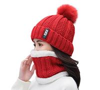 Bonnet Femme Pompon Fourrure Femmes et Hommes Hiver Chaud Chapeaux écharpe Double Usage Chapeau des Oreilles Chapeau Coupe-Vent Bonnets De Noel (Red, One Size)