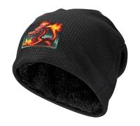 Bonnet Noir en Maille gaufrée, orné d'un Magnifique Motif Dragon King in Fire, doublé Polaire, Chaud et Doux.