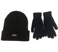 Bonnet noir par Rockjock en Thinsulate (style : grosse maille côtelée avec doublure Rockjock R40) et paire de gants par Handy