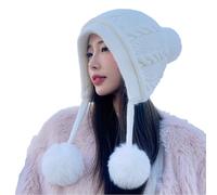 Bonnet péruvien chaud avec cache-oreilles avec doublure en polaire et pompon pour femme, ecru, taille unique