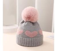 Bonnet Pompon En Fourrure Pour Bébé Imprimé C?Ur Bonnet Chaud Au Crochet Pour Fille Et Garçon Automne Et Hiver #C