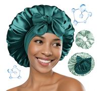 BONNET QUEEN Bonnet de Nuit en Satin Double Couche, Protection Anti-Frisottis, Réversible et Ajustable, Enrichi en Acide Hyaluronique, pour Cheveux Bouclés,Sauge & Vert Foncé