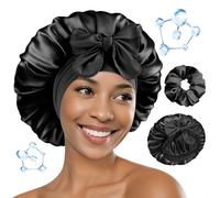 BONNET QUEEN Bonnet de Nuit en Satin Double Couche, Protection Anti-Frisottis, Réversible et Ajustable, Enrichi en Acide Hyaluronique, pour Cheveux Bouclés,Noir