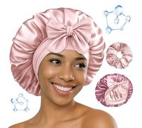 BONNET QUEEN Bonnet de Nuit en Satin Double Couche, Protection Anti-Frisottis, Réversible et Ajustable, Enrichi en Acide Hyaluronique, pour Cheveux Bouclés,Crème Rose & Or Rose