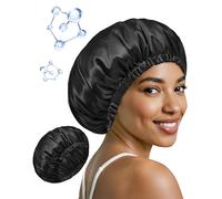 BONNET QUEEN Bonnet en soie pour dormir - Acide hyaluronique - Double couche - Pour cheveux bouclés - Avec boucle élastique réglable - Noir