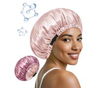 BONNET QUEEN Bonnet en soie pour dormir - Bonnet en satin à l'acide hyaluronique - Double couche pour cheveux bouclés - Bonnet de sommeil pour femme avec boucle élastique réglable, crème rose + or