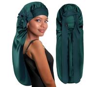 BONNET QUEEN Bonnet Satin Cheveux Longs Nuit Extra Long Bonnet Nuit Anti-Glisse avec Long Bandeau Réglable, Protection Anti-Frisottis pour Cheveux Très Longs, Tresses, Locks & Extensions,Vert foncé