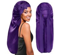 BONNET QUEEN Bonnet Satin Cheveux Longs Nuit Extra Long Bonnet Nuit Anti-Glisse avec Long Bandeau Réglable, Protection Anti-Frisottis pour Cheveux Très Longs, Tresses, Locks&Extensions,Pourpre Profond