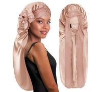 BONNET QUEEN Bonnet Satin Cheveux Longs Nuit Extra Long Bonnet Nuit Anti-Glisse avec Long Bandeau Réglable, Protection Anti-Frisottis pour Cheveux Très Longs, Tresses, Locks & Extensions,Champagne
