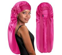 BONNET QUEEN Bonnet Satin Cheveux Longs Nuit Extra Long Bonnet Nuit Anti-Glisse avec Long Bandeau Réglable, Protection Anti-Frisottis pour Cheveux Très Longs, Tresses, Locks & Extensions,Rose Vif