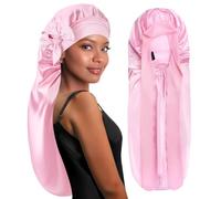 BONNET QUEEN Bonnet Satin Cheveux Longs Nuit Extra Long Bonnet Nuit Anti-Glisse avec Long Bandeau Réglable, Protection Anti-Frisottis pour Cheveux Très Longs, Tresses, Locks & Extensions,Rose