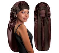 BONNET QUEEN Bonnet Satin Cheveux Longs Nuit Extra Long Bonnet Nuit Anti-Glisse avec Long Bandeau Réglable, Protection Anti-Frisottis pour Cheveux Très Longs, Tresses, Locks & Extensions,Chocolat