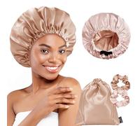 BONNET QUEEN Bonnet Satin Cheveux Nuit, Bonnet de Nuit en Soie Réversible Double Couche avec Élastique Réglable & Chouchous, Chapeau de Sommeil Femme Cheveux Bouclés, Jade et Champagne