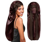 BONNET QUEEN Bonnet Satin Cheveux Nuit Long pour Dormir, Bonnet en Satin pour Cheveux Charlotte Locks Bouclés, Ajustable avec Long Elastique pour Femmes et Hommes, Chocolat