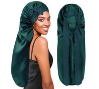 BONNET QUEEN Bonnet Satin Cheveux Nuit Long pour Dormir, Bonnet en Satin pour Cheveux Charlotte Locks Bouclés, Ajustable avec Long Elastique pour Femmes et Hommes, Vert foncé