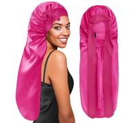 BONNET QUEEN Bonnet Satin Cheveux Nuit Long pour Dormir, Bonnet en Satin pour Cheveux Charlotte Locks Bouclés, Ajustable avec Long Elastique pour Femmes et Hommes, Rose Vif