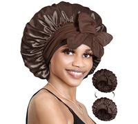 BONNET QUEEN Bonnet Satin Cheveux Nuit pour Dormir, Bonnet en Satin Double Couche Reversible pour Cheveux Charlotte Locks Bouclés, Ajustable avec Long Elastique pour Femmes et Hommes, Chocolat,Moyen