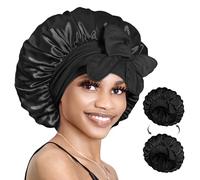 BONNET QUEEN Bonnet Satin Cheveux Nuit pour Dormir, Bonnet en Satin Double Couche Reversible pour Cheveux Charlotte Locks Bouclés, Ajustable avec Long Elastique pour Femmes et Hommes, Noir,Grand