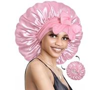 BONNET QUEEN Bonnet Satin Cheveux Nuit pour Dormir, Bonnet en Satin Double Couche Reversible pour Cheveux Charlotte Locks Bouclés, Ajustable avec Long Elastique pour Femmes et Hommes, Rose,Grand