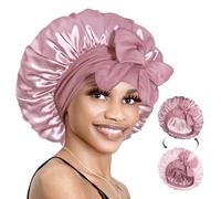 BONNET QUEEN Bonnet Satin Cheveux Nuit pour Dormir, Bonnet en Satin Double Couche Reversible pour Cheveux Charlotte Locks Bouclés, Ajustable avec Long Elastique pour Femmes et Hommes,Moca & Rose,Moyen