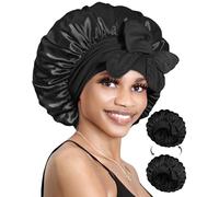 BONNET QUEEN Bonnet Satin Cheveux Nuit pour Dormir, Bonnet en Satin Double Couche Reversible pour Cheveux Charlotte Locks Bouclés, Ajustable avec Long Elastique pour Femmes et Hommes, Noir,Grand