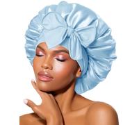 BONNET QUEEN Bonnet Satin Cheveux Nuit pour Dormir, Bonnet en Satin pour Cheveux Charlotte Locks Bouclés, Ajustable avec Long Elastique pour Femmes et Hommes,Bleu Clair,Moyen
