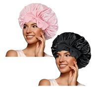 BONNET QUEEN Bonnet Satin Cheveux Nuit pour Dormir, Bonnet en Satin pour Cheveux Charlotte Locks Bouclés, Ajustable avec Long Elastique pour Femmes et Hommes,Noir&Rose,Moyen