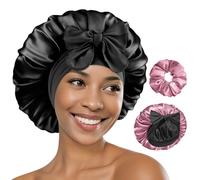 BONNET QUEEN Bonnet Satin Cheveux Nuit pour Dormir HYALURONIC Acide, Bonnet en Satin Reversible pour Cheveux Charlotte Bouclés, Ajustable avec Long Elastique et Chouchou, Noir & Or Rose