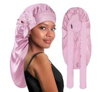BONNET QUEEN Bonnet Soie Longue avec Bande Large pour Femme des Cheveux Bouclés, Bonnet Satin de Nuit pour Cheveux Longs Naturels Tresse Perruques Locs Dreadlocks, Or Rose Clair