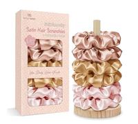 BONNET QUEEN Chouchou Satin Femme Lot de 6 avec Support, Elastique Cheveux Doux sans Casse, Chouchou Soie Anti Frisottis, Tenue Forte Jour et Nuit, Accessoires Cheveux Femme, nuances de beige