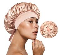 BONNET QUEEN Petit bonnet en satin de soie pour femme endormie, bonnet de cheveux avec bandeau à nouer court, bonnet de sommeil réglable pour cheveux bouclés avec serre-tête, champagne, Jade + rose,