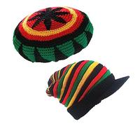 Bonnet Rasta en Laine Tricotée - Casquette Jamaïcaine Hippie - Crochet Ample, Lot de 2 (Regenbogen + Bunt), L