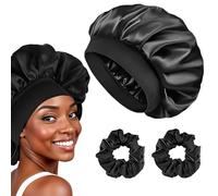Bonnet Satin Cheveux Nuit + 2 Pcs Chouchou en Soie, Bonnet De Nuit Satin, Bonnet Soie Cheveux Nuit Bonnet Cheveux Nuit Pour Femmes Cheveux Longs Cheveux Bouclés(Noir)