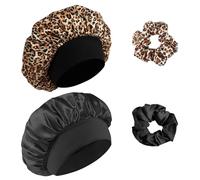 Bonnet Satin Cheveux Nuit avec Elastiques et Cartes à Cheveux, Bonnets Satin Bonnet Nuit Sommeil, Protection Cheveux, Noir + Gris tigré