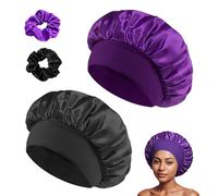 Bonnet Satin Cheveux Nuit, Convient à tous les types de cheveux, Unisexe Contient 2 Bonnet Cheveux Nuit Pour + 2 Pinces a élastique (Noir + Violet)