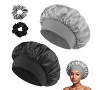 Bonnet Satin Cheveux Nuit, Convient à tous les types de cheveux, Unisexe Contient 2 Bonnet Cheveux Nuit Pour + 2 Pinces a élastique (Noir + Gris)