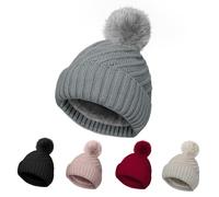Bonnet thermique tricoté avec pompon en laine mélangée douce pour l'hiver - Design côtelé - Style classique et souple, gris, Taille unique