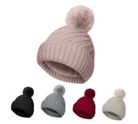Bonnet thermique tricoté avec pompon en laine mélangée douce pour l'hiver - Design côtelé - Style classique et souple, rose, Taille unique