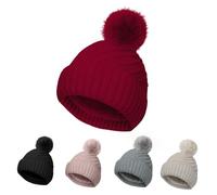 Bonnet thermique tricoté avec pompon en laine mélangée douce pour l'hiver - Design côtelé - Style classique et souple, bordeaux, Taille unique