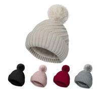 Bonnet thermique tricoté avec pompon en laine mélangée douce pour l'hiver - Design côtelé - Style classique et souple, beige, Taille unique