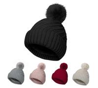 Bonnet thermique tricoté avec pompon en laine mélangée douce pour l'hiver - Design côtelé - Style classique et souple, Noir , Taille unique